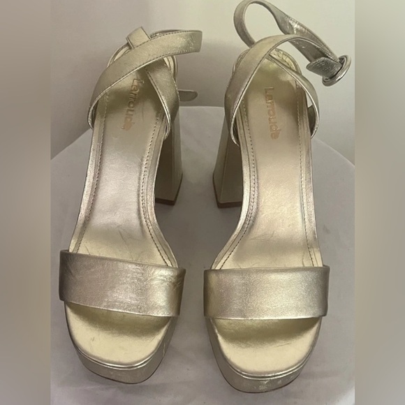 Larroude’ Dolly Gold Platform Ankle Strap Sandals Block Heel Shoes US 6.5 - Picture 10 of 15